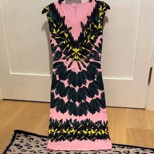 Marc Cain Pink Dress with Black and Yellow Feather Design